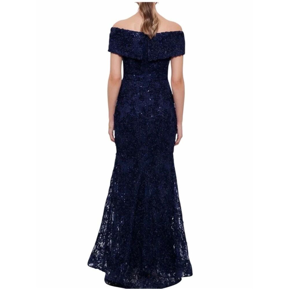 XSCAPE Off The Shoulder Evening Formal Navy Blue Gown Sequins Lace Size 12 NEW - Picture 4 of 10
